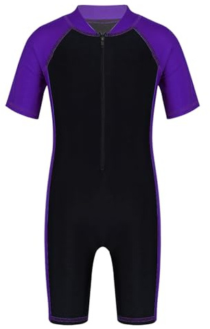Freebily Unisexe Enfant Maillot de Bain 1 Pièces Monokini Anti-UV Garçon Fille Body Short de Bain Plage Combinaison de Natation Piscine Costume Gym Swimwear Violet&Noir 15-16 Ans