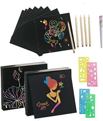 Kratzbilder für Kinder, Rluobo 80 Blätter Regenbogen Kratzpapier,5 Holzstifte,4 Malschablonen, Magic Scratch Book, Kratzpapier Set zum Zeichnen und Basteln, Kratzbuch Mädchen/Jungen, 8.5 * 8.5cm