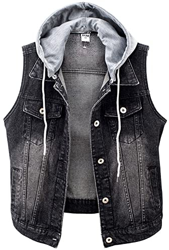 Kedera Ärmellose Denim-Weste mit abnehmbarem Kapuzenpullover für Damen, Schwarz, X-Large