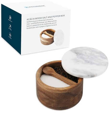 KITCHENDAO Salzstreuer mit Deckel und Eingebautem Löffel, Akazienholz Salzdose Salz- und Pfefferstreuer mit Grauem Marmordeckel Salztopf, Salzstreuer Holz Salzbehälter Dual 5Oz Kapazität