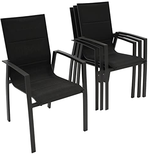 DEGAMO Gartenstuhl Stapelsessel FARO, Aluminium anthrazitfarben + Textilgewebe schwarz gepolstert, wetterfest, Outdoor, 4 STCK.