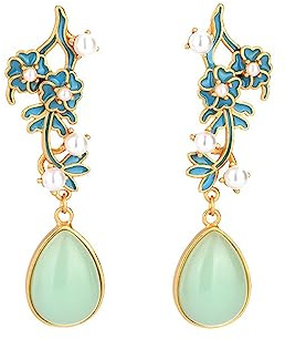 LODMLOER Chinesische Jade-Ohrringe – Natürliche Hotan-Jade, Antikes Gold, Handgefertigt, Wassertropfen-Ohrringe Für Frauen, Emaille-Blumen, Eingelegte Perlen, Ohrtropfen, Vintage-Hochzeitsschmuck