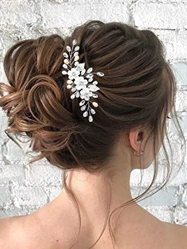 Ushiny Blumen Braut Hochzeits Haarkamm silberner Kristall Kopfschmuck Perlen Hochzeits Haarschmuck für Frauen und Mädchen