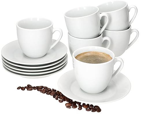 MamboCat Tommy Lot de 6 tasses à café avec soucoupes pour 6 personnes - En porcelaine blanche - Pour le petit-déjeuner et le café - 6 tasses à thé de 200 ml et soucoupes - Vaisselle chic pour la
