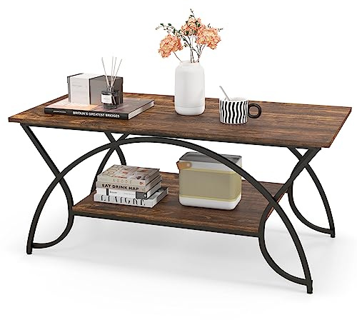 Giantex Tavolino da Caffè Oro, Tavolo da Salotto con Gambe in Metallo, Tavolino con Effetto Marmo per Soggiorno, Studio, Camera,110 x 50 x 46 cm (Marrone)