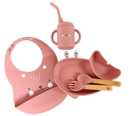 Pack repas + bavoir animaux + verre à paille pour enfant personnalisé | Cadeau de Bapteme naissance | Cadeau enfant et bébé | Kit Coffret Diner (Rose)