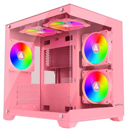 Apevia Prism-PK Prism Micro-ATX Gaming PC Cube-chassi med 5x 120 mm ARGB-fläktar, 366 RGB-lägen, dubbla paneler i härdat glas, stöd för 240 mm kylare, 1x USB 3.0, 2x USB 2.0, HD-ljudport, rosa