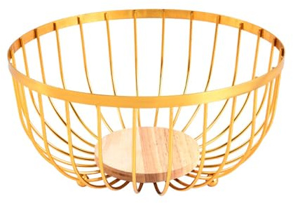 soulnioi Fruit Basket Iron Wire Modern Fruit Bowl with Wooden Base Round Fruit Holder Fruit Storage for Vegetable Snack Bread Basket Home Decor - Glod