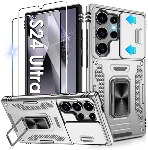 Jshru for Samsung S24 Ultra Case with Slide Camera Cover,S24 Ultra Shockproof Bumper Phone Case,Ring Kickstand Phone Cover for Samsung Galaxy S24 Ultra,Grey