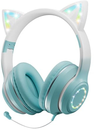 Casque pour enfants, casque d'oreille de chat avec lumière LED RVB, casque pliable sans fil et filaire avec micro pour cadeaux garçons filles, compatible avec les téléphones mobiles PC (Vert)