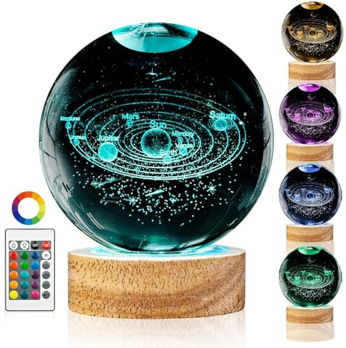 3D Planet Kristallkugel Nachtlicht 80mm Solar System Kristallkugel 16 Farben Nachtlicht mit Holzsockel Schneekugel Glas Lasergravur Geschenk für Frauen Kinder Freunde Familie