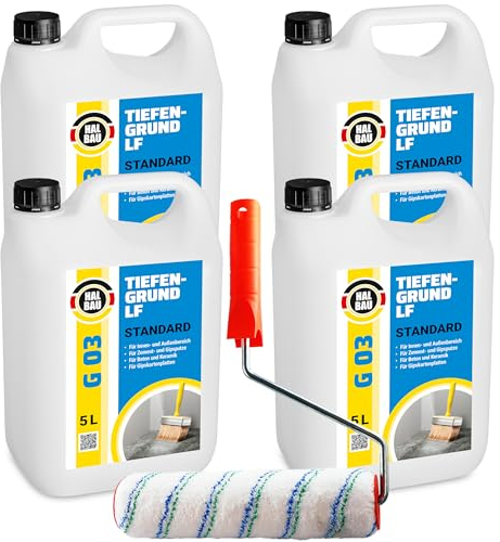 HALBAU Imprimación profunda 20 L, imprimación interior y exterior, imprimación profunda para yeso, pinturas, papel pintado + rodillo de pintura de 25 cm con juego G03