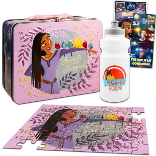 Disney Juego de lonchera Wish para niños, paquete con lata de almuerzo Disney Wish con rompecabezas más botella de agua, paquete de juego, más | Contenedor de almuerzo Disney Wish
