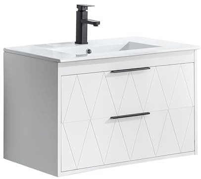 UEV Waschtisch mit Unterschrank, Badmöbel Set für Badezimmer Weiß | Hängend Badezimmerschrank mit Soft-Close System,Waschbecken aus Keramik, 75cm, Badezimmmer Möbel für Gäste WC