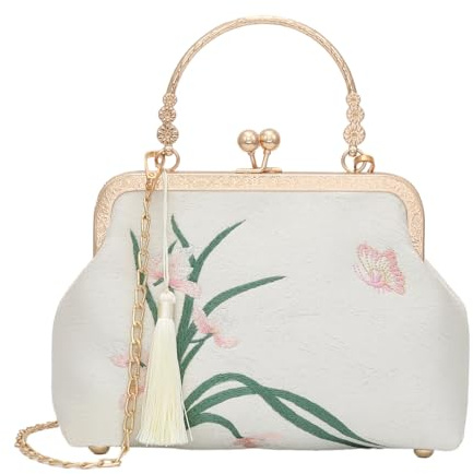 YeBon Retro Shoulder Chain Messenger Clutch Chinese Style Crane Embroidered Jacquard Women's Evening Bags (Golden Pink Flower)