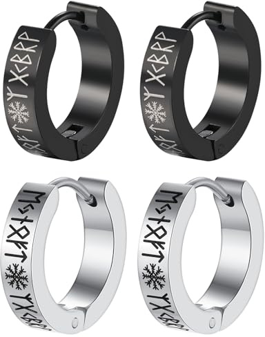 Flongo Wikinger Runen Huggie Ohrringe: Herren Ohrstecker Creolen viking schwarz silber Set 2 Paare hoop earrings Piraten nordisch Edelstahl schmuck punk schmuck Geschenk für Männer Jungs Frauen Damen