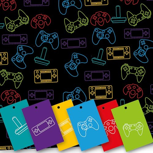 Game-Controller-Geschenkpapier, 5 Blatt Geschenkpapier 70 cm x 50 cm plus passende Geschenkanhänger, schwarzes Game-Controller-Design.