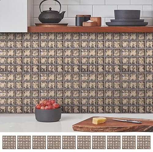 Fliesenaufkleber Retro Mosaik Selbstklebende Klebefliesen, Wandfliesen Aufkleber,Wasserdicht Fliesensticker Fur Kuche Badezimmer Dekorative Stickerfliesen,Wohnzimmer Dekoration15X15Cm