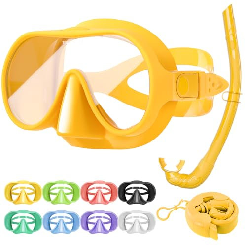 Tyuodna Schnorchelset Erwachsene,Taucherbrille mit Schnorchel,übergroßen Linse 180° Weitwinkel Anti-Fog Snorkeling Set,Macaron-Farben Taucherbrillen für Schnorcheln,Tauchen (Gelb+Schnorchel)