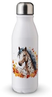 MAXIKIWI - Single Wall Water Drinking Bottle with Screw Cap, Non Insulated Lightweight Aluminium, BPA Free, Leak-Proof - Fall Boho Horses - 500ml