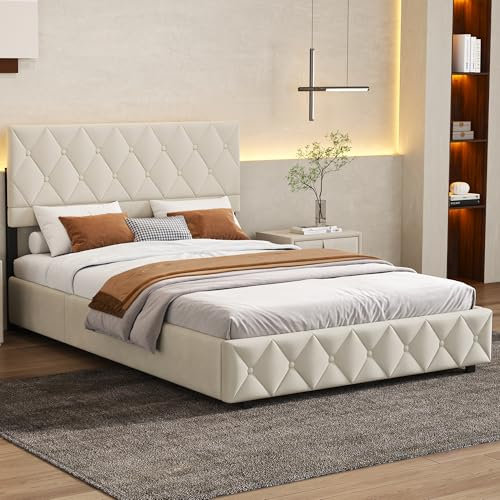 okwish Polsterbett 140x200 cm, Bett mit Stauraum, Jugendbett Hydraulisch Stauraumbett mit Bettkasten, Gepolstertes Bettgestell mit Lattenrost, Modernen Knopfnahtverzierung, Samt, Beige (Ohne Matratze)