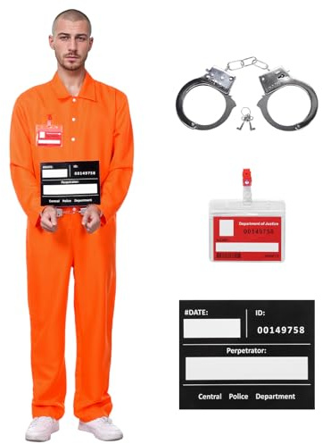 Angenster Gefängnis Kostüm Orange, Prisoner Outfit Herren Mit Overalls, Handschellen, Informationstafeln, Namensschild - Sträfling Häftling Outfit für Halloween (Orange, S)