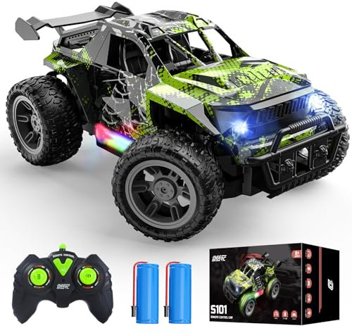 DEERC Remote Control Car with LED Colorful Lights, 1:18 RC Truck for Boys, 2.4Ghz Monster Truck Toy with 2 Batteries, All Terrain Auto Mode Off-Road Race Car, Dinosaur Toys Gifts for Boys Kids Girls