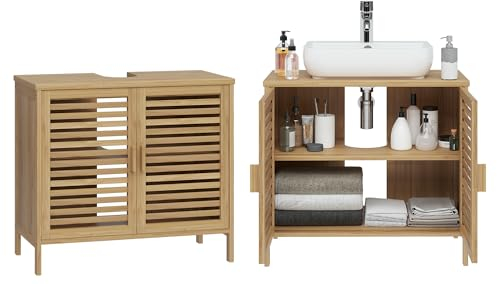 Bellamio Newa Waschbeckenunterschrank Bambus – Badezimmer Unterschrank für Waschbecken mit 2 Türen – Badunterschrank mit 2 Fächern – Waschtischunterschrank Bad 60x65x33 cm