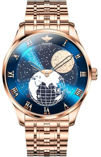 OUPINKE Herren-Automatikuhr, Sternenhimmel, Mondphase, Roségold, Silber, Edelstahl, selbstaufziehend, luxuriös, Business, wasserdichte Armbanduhr