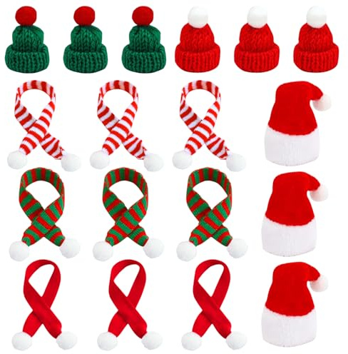 18 Stück Mini Weihnachtsmütze und Schal, Mini Weihnachtsmützen und Schal Set, Weihnachtsschal für Weihnachtsdeko DIY, Weihnachts-Minischal, Mini Weihnachtsmütze für Weihnachten Weinflasche Dekoration