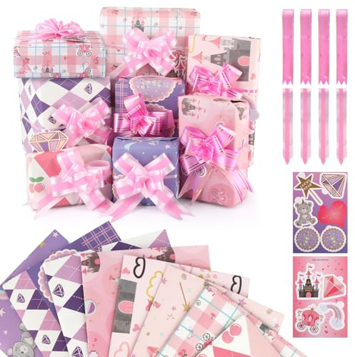 Papier Cadeau Enfant, 8 Feuilles 50 X 70 cm Papier Cadeau Fille avec 10 Pendentifs et 8 Rubans à Fleurs, Rose et Violet Papier Cadeau Anniversaire pour Fête De Festival