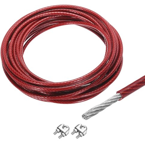 QUARKZMAN 10M x 6mm (33Ft x 1/4) Fune Metallico Cavo Acciaio Inossidabile 304, Tenditore Tirante con 2pz Mandrini a Vite per Appendere Stendibiancheria Sollevamento, Rosso