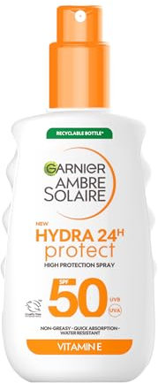 Garnier Ambre Solaire SPF 50 Hydra 24 ore Protect, alta protezione UVB UVA, crema solare idratante, arricchita con vitamina E, aiuta a prevenire macchie scure indotte dal sole, resistente all'acqua