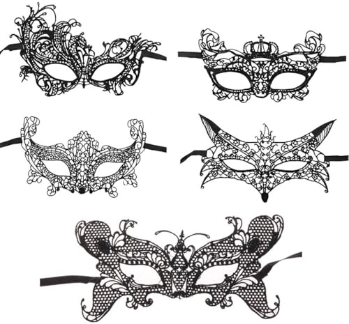 CPJJ 5er Pack Schwarze Spitzen-Augenmasken,Maske Spitze Damen, Schwarz Sexy Lace Augenmaske für Frauen, Augenmaske Maskerade Maske für Halloween Karneval Abendkleid Tanz Ball Party