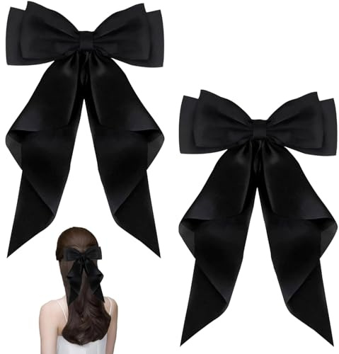 2PCS Black Hair Bow Clip, Satin Hair Ribbons for Girls and Women, Elegant Hair Accessories, Black Hair Bows for Party, School, and Daily Wear, for All Hairstyles