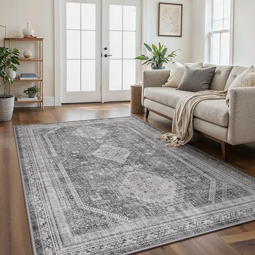 GENIMO Geometrischer Vintage Teppich Schiefergrau, Waschbar, 160x230 cm | Geometrisches Vintage-Medaillon in Schiefergrau, waschbar, pflegeleicht und rutschhemmend – für Sofa- und Bettbereich.