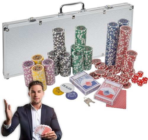 H&F Heimtextilien Pokerkoffer 500 Chips – Großes Premium Poker Set mit 6 Wertstufen, 2 Kartendecks, Würfeln & Dealer-Button im Aluminiumkoffer