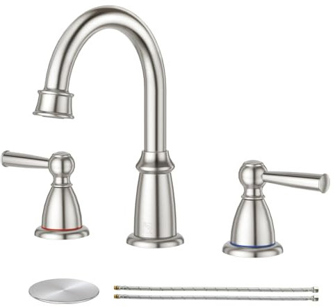 CREA 2 Handles Bathroom Faucet 3 Hole,8 Inch Widespread Bathroom Faucets with Pop Up Drain for Sink Overflow,3 Pieces Brushed Nickel Faucet for Bathroom Vanity Basin Mixer Tap(cPUC Supply Line)