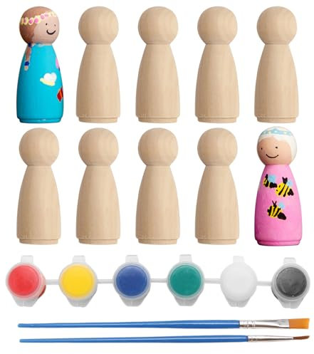 Joynine 10 Stück Holzfiguren zum Bemalen mit Farben und Pinsel, Spielfiguren Holz für Brettspiele, Holzfiguren zum Bemalen für Kinder, Holzkegel für Geburtstag Dekoration Bemalen Basteln