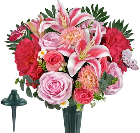 Naramiji Long-Lasting Colorfast Cemetery Flowers with Grave Vase -Pink Roses for Headstone Decorations, Sympathy & Memorial Tributes