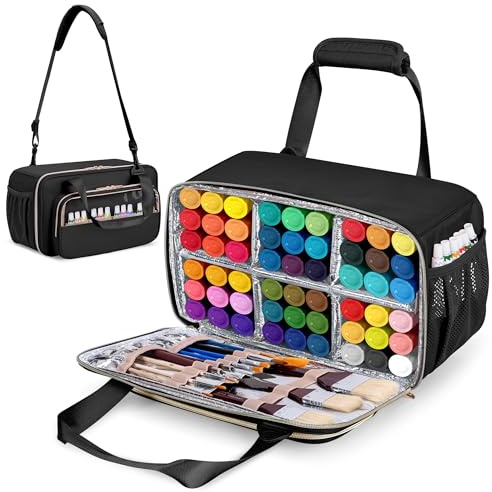 Prokva Acrylic Paint Organizer Case for 54 Bottles (2 oz), Craft Paint Storage Organizer with Shoulder Strap, Paint Bottle Organizer Bag with Brush Storage, Black