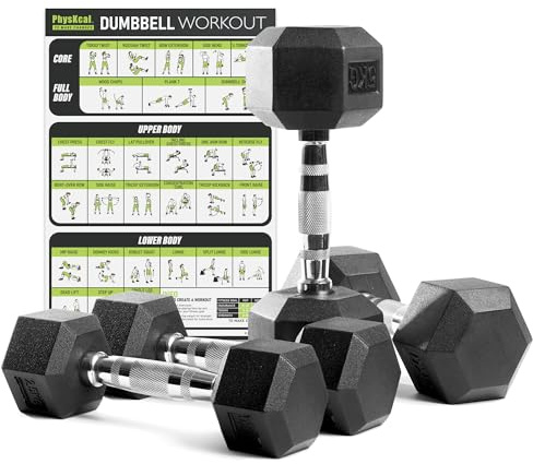 PhysKcal Poly-Gummi Sechskant-Hanteln, mit Gerändelter Griff| 2,5-30 kg | Als Paar oder Einzeln| Ideal für Cross-Training und im Fitnessstudio | Profi-Kurzhantel-Set für das Krafttraining zu Hause