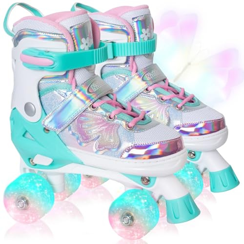 Nattork Patines de ruedas para niños y niñas, ajustables, color cian, para niños mayores de 7, 8, 9 y 10 años, deportes en interiores y exteriores