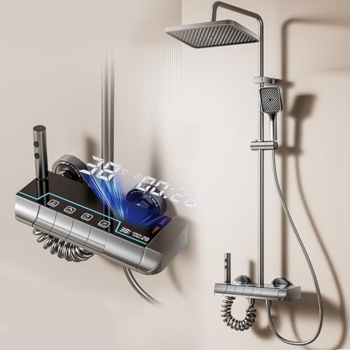 Julymoda Colonna Doccia con Miscelatore Display Digitale Kit Doccia Idromassaggio con Soffione Doccetta 3 Modalità Tasti di Pianoforte 4 Funzioni Altezza Regolabile 70-133cm (30cm Prolunga)