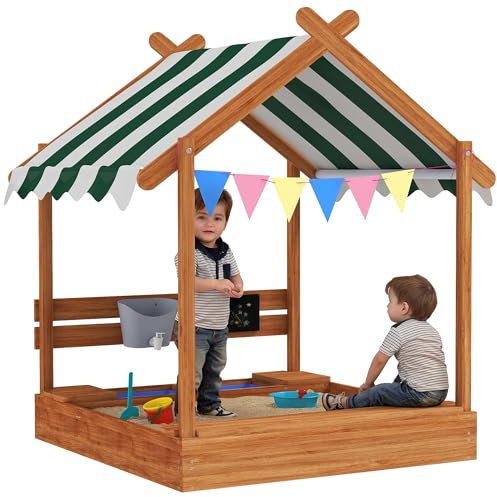 Outsunny Sandkasten mit Dach, Sandkiste aus Holz mit Sitzplatz, Spielhaus, 124 x 116 x 146 cm Sandbox mit Tafel für 3-7 Jahre Kinder, Garten, Grün