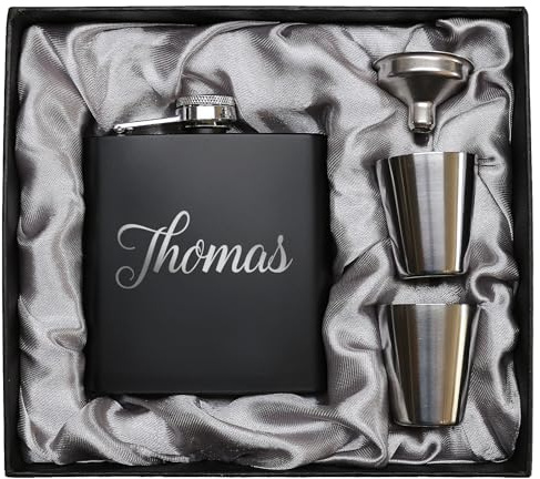 Flachmann mit Gravur. Edelstahl Flachmann personalisiert. Geschenke für Männer. Schwarz