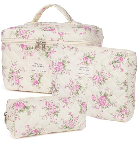 Kosmetiktasche, Gesteppte Kosmetiktasche für Frauen,Damen Blumen-Schminktasche, Reise-Toiletten-Organisationstasche Set
