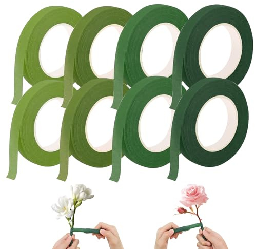 APKOL 8 Rollen Grün Floristenband,Floristenband Selbstklebend Flora Kreppband für Wrapping Blumensträuße und Blumenhandwerk,Floral Tape für DIY Kunsthandwerk(12mm x 27m/Rolle)