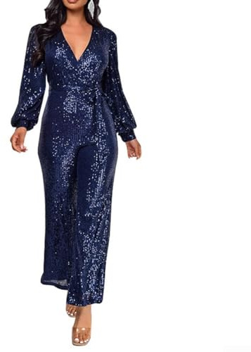 Eleganter Damen-Jumpsuit mit langen Ärmeln und Pailletten, für alle Jahreszeiten und festliche Veranstaltungen, dunkelblau, L