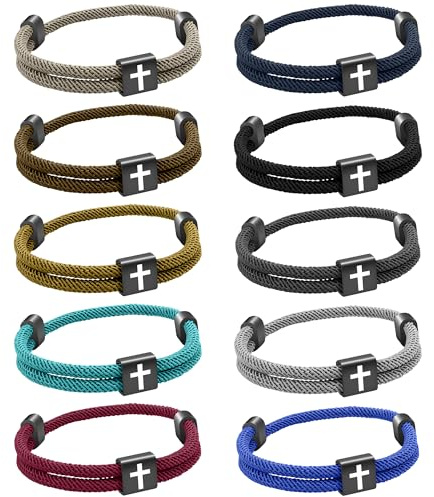 Lot de 10 bracelets en corde tressée avec croix chrétienne Jésus pour homme et femme, bracelets nautiques pour surf, plage, cadeaux pour le sport, bracelets tissés à la main avec nœud réglable